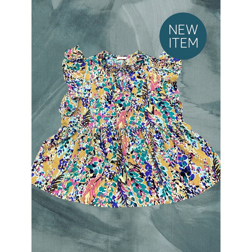 Hailey & Co Women Yellow Multi Abstract Floral Flutter Sleeve Peplum Top Large